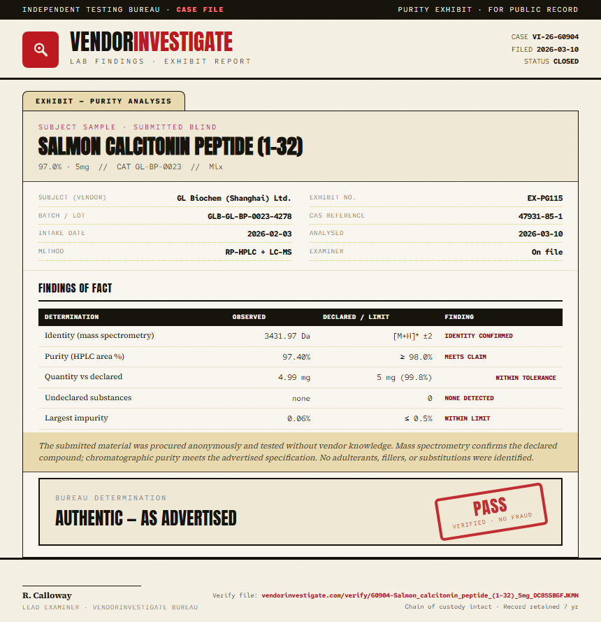 Salmon calcitonin peptide (1-32) Purity (HPLC) report by VendorInvestigate