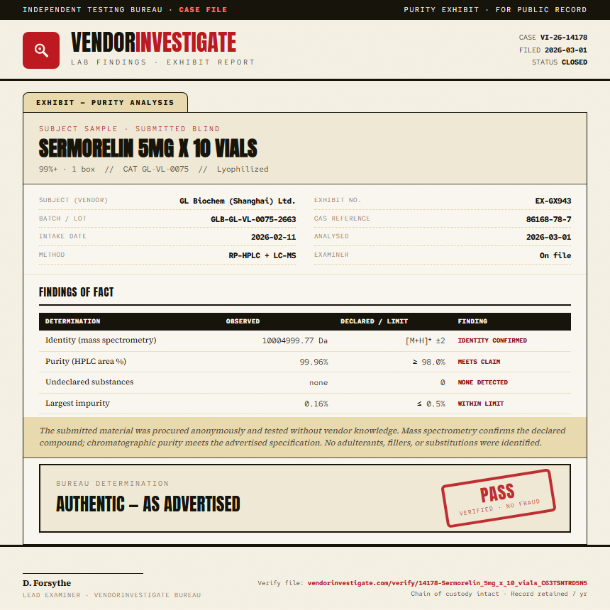 Sermorelin 5mg x 10 vials Purity (HPLC) report by VendorInvestigate