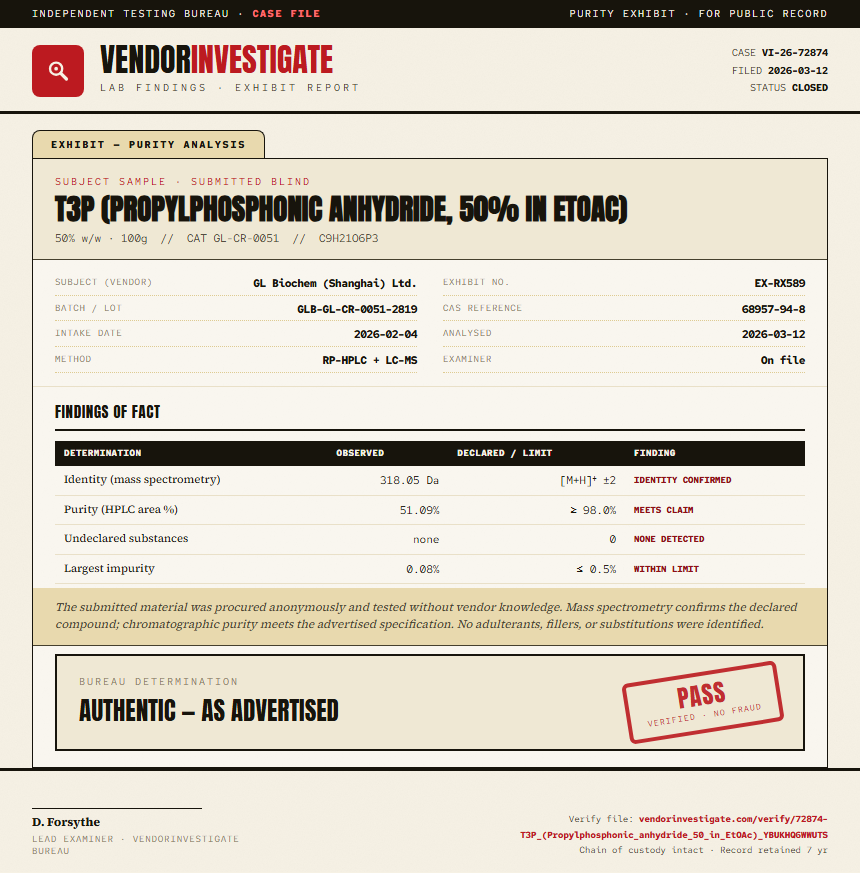 T3P (Propylphosphonic anhydride, 50% in EtOAc) Purity (HPLC) report by VendorInvestigate