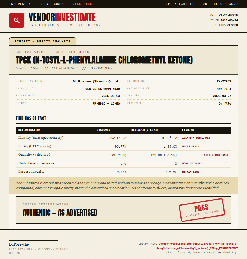 TPCK (N-Tosyl-L-phenylalanine chloromethyl ketone) Purity (HPLC) report by VendorInvestigate