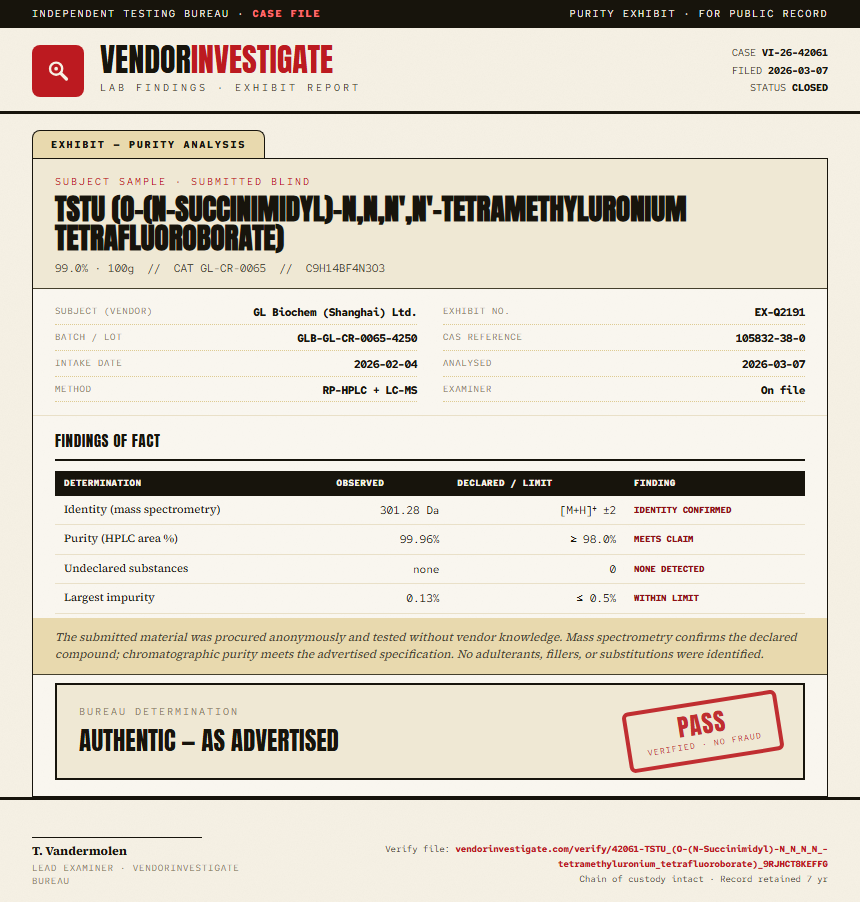 TSTU (O-(N-Succinimidyl)-N,N,N',N'-tetramethyluronium tetrafluoroborate) Purity (HPLC) report by VendorInvestigate