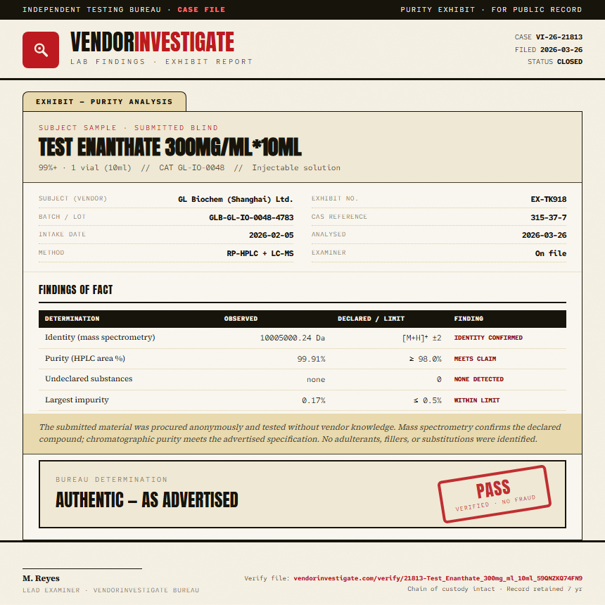 Test Enanthate 300mg/ml*10ml Purity (HPLC) report by VendorInvestigate