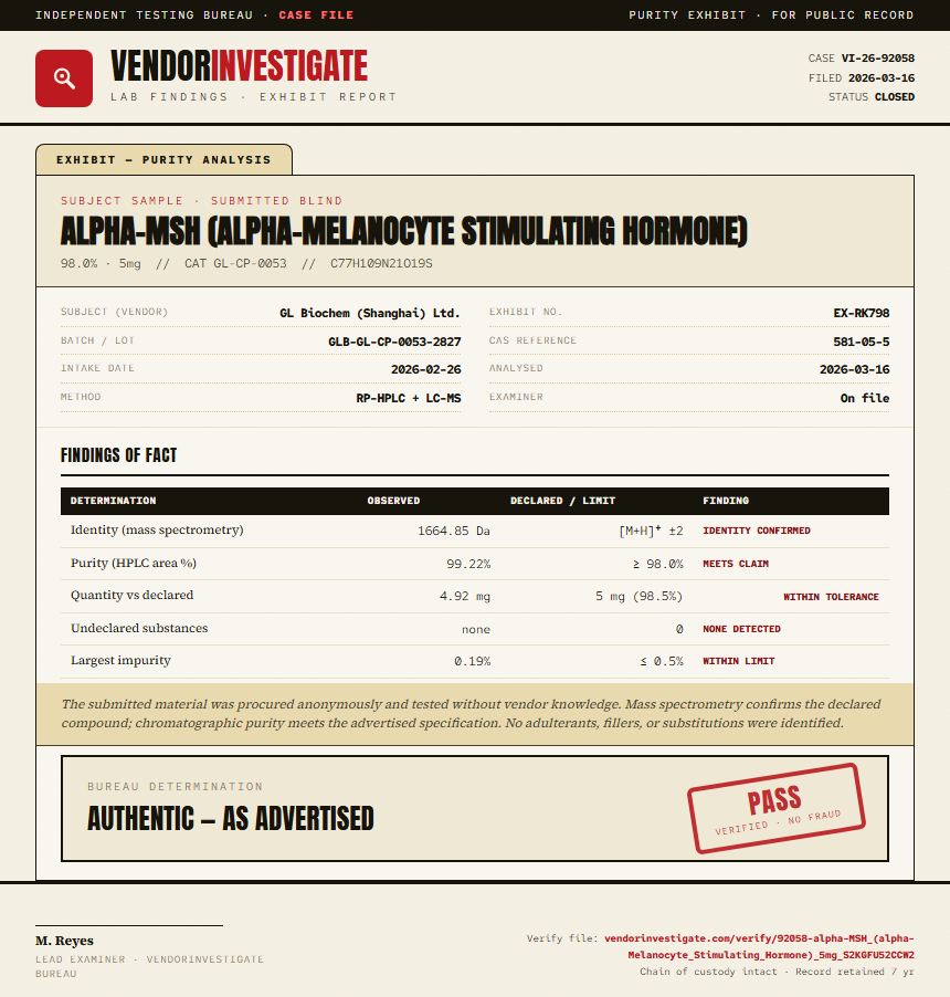 alpha-MSH (alpha-Melanocyte Stimulating Hormone) Purity (HPLC) report by VendorInvestigate