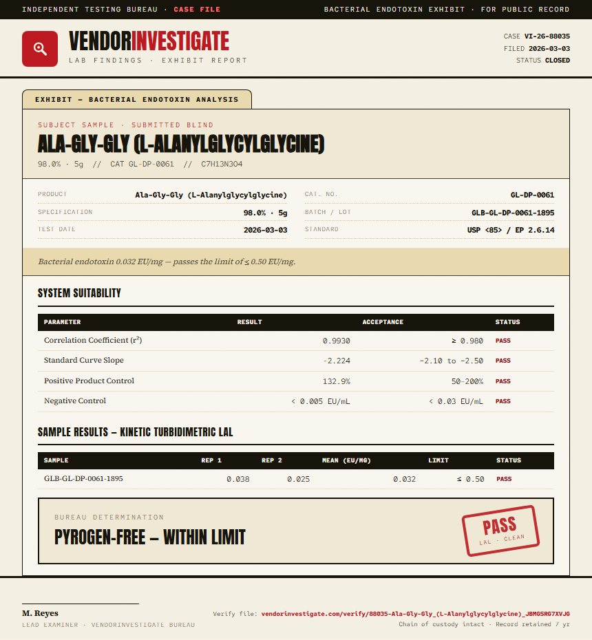 Ala-Gly-Gly (L-Alanylglycylglycine) Endotoxin report by VendorInvestigate