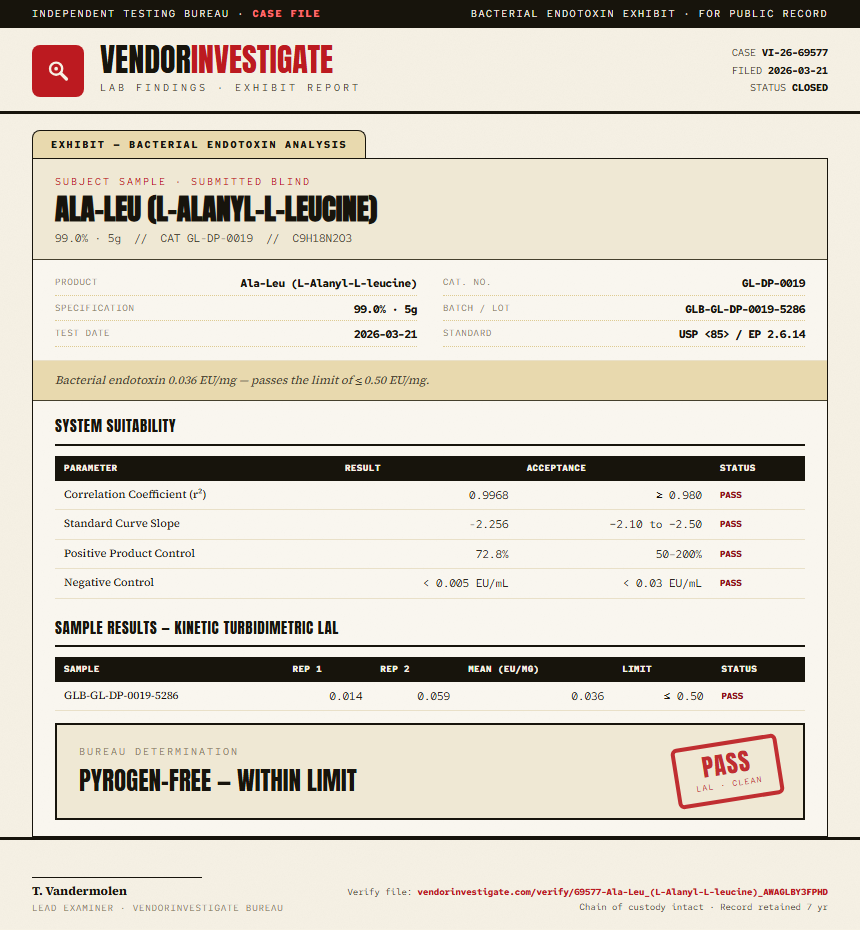 Ala-Leu (L-Alanyl-L-leucine) Endotoxin report by VendorInvestigate