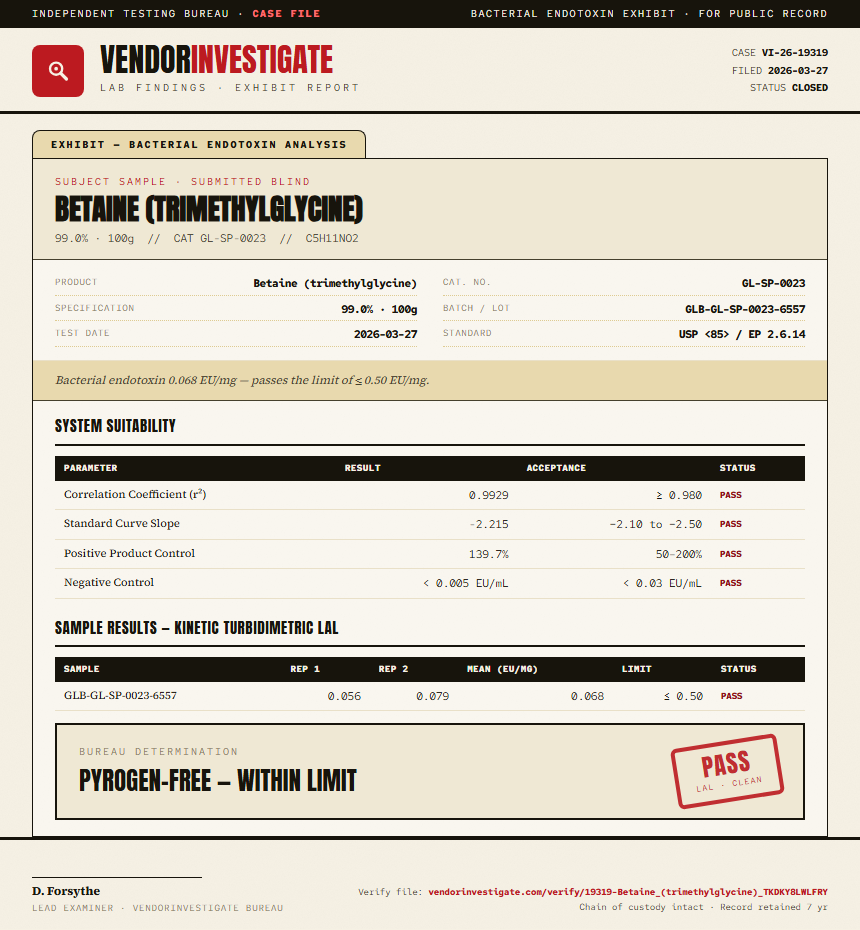 Betaine (trimethylglycine) Endotoxin report by VendorInvestigate