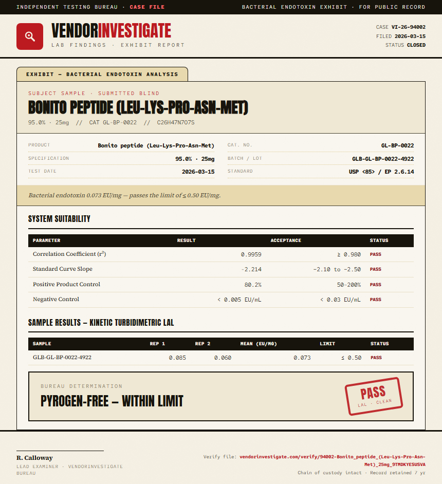 Bonito peptide (Leu-Lys-Pro-Asn-Met) Endotoxin report by VendorInvestigate