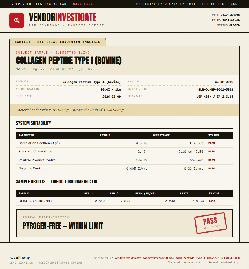Collagen Peptide Type I (bovine) Endotoxin report by VendorInvestigate