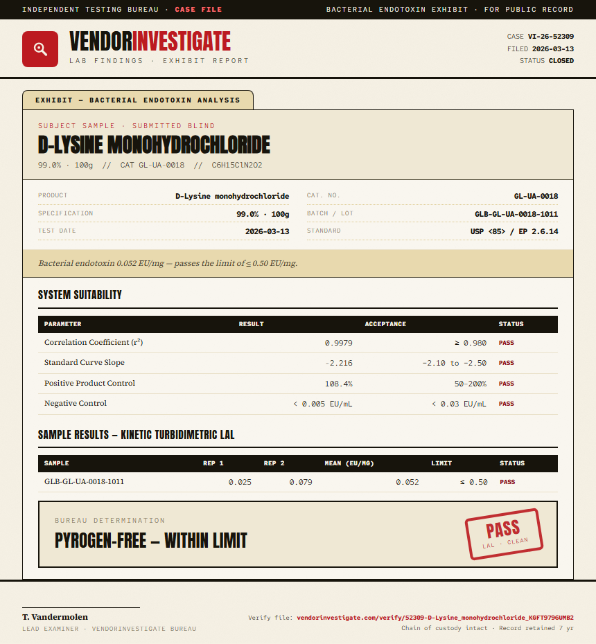 D-Lysine monohydrochloride Endotoxin report by VendorInvestigate