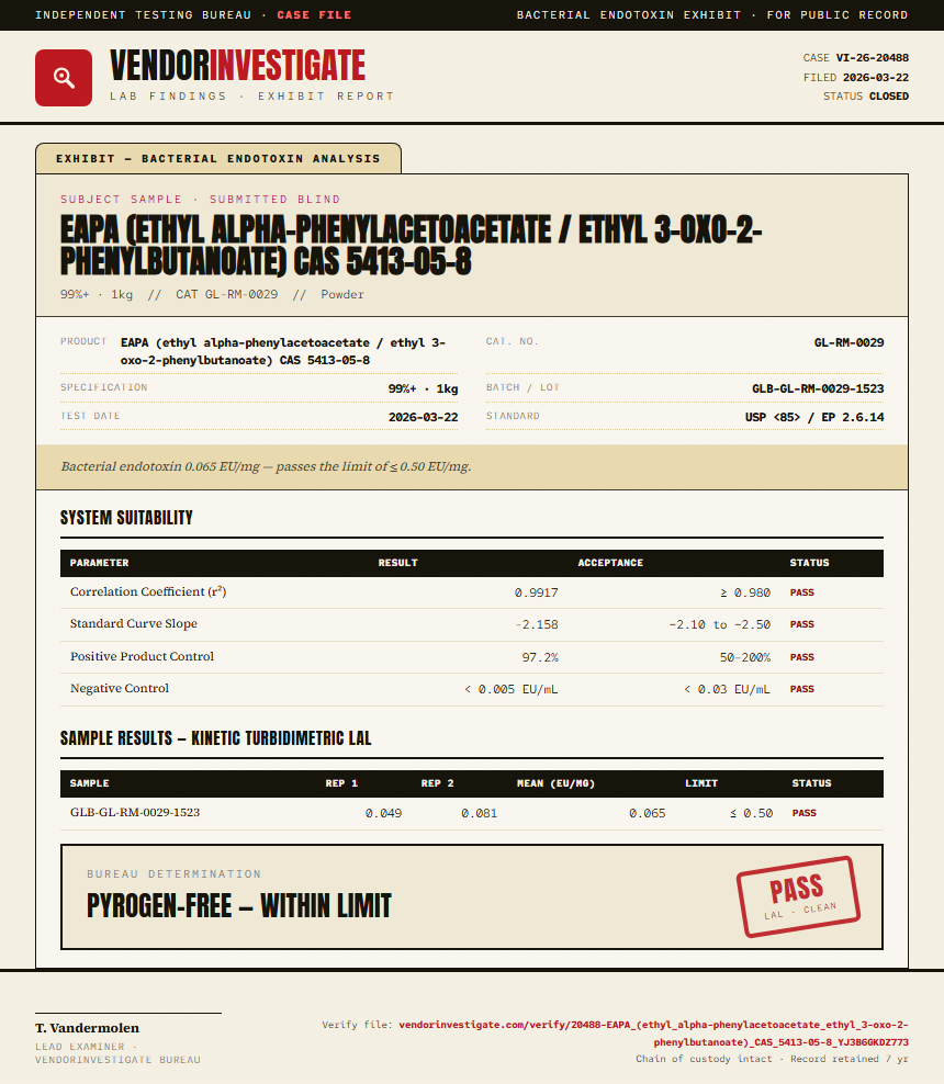 EAPA (ethyl alpha-phenylacetoacetate / ethyl 3-oxo-2-phenylbutanoate) CAS 5413-05-8 Endotoxin report by VendorInvestigate