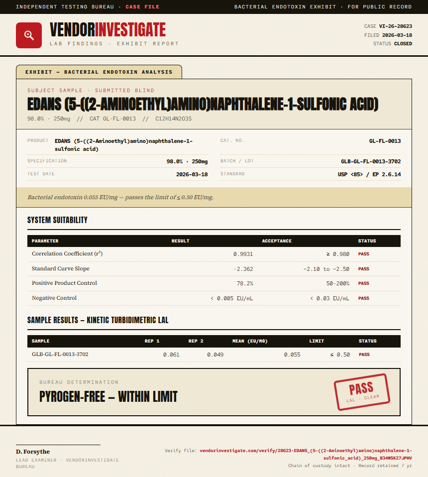 EDANS (5-((2-Aminoethyl)amino)naphthalene-1-sulfonic acid) Endotoxin report by VendorInvestigate