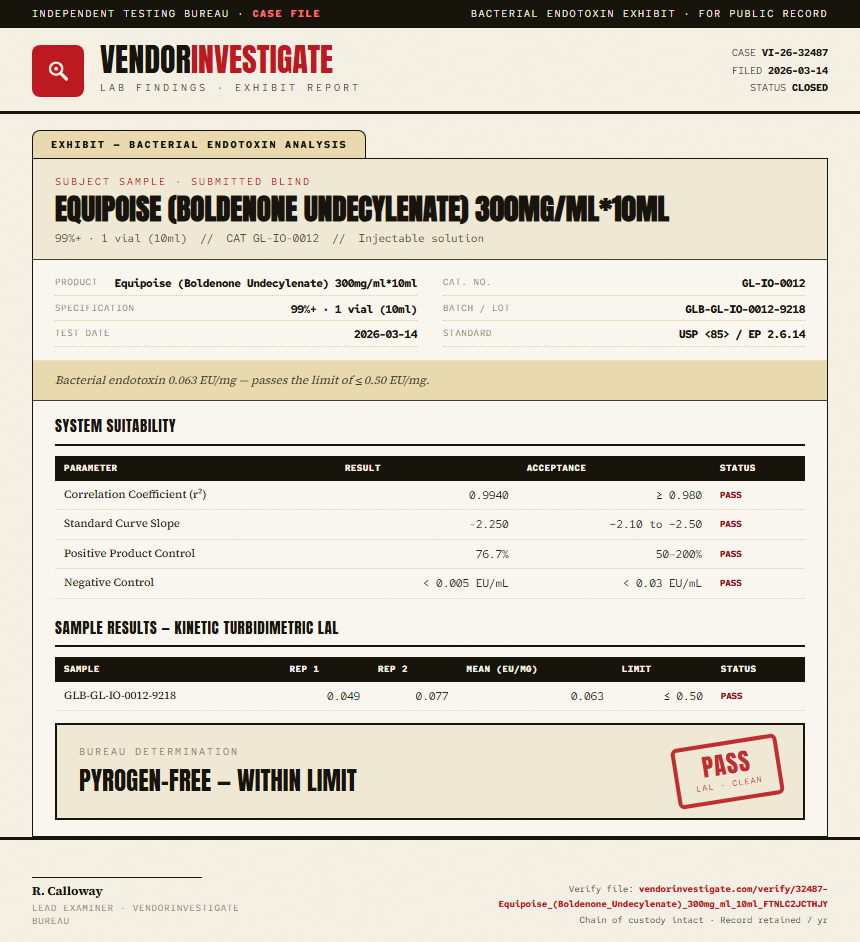 Equipoise (Boldenone Undecylenate) 300mg/ml*10ml Endotoxin report by VendorInvestigate