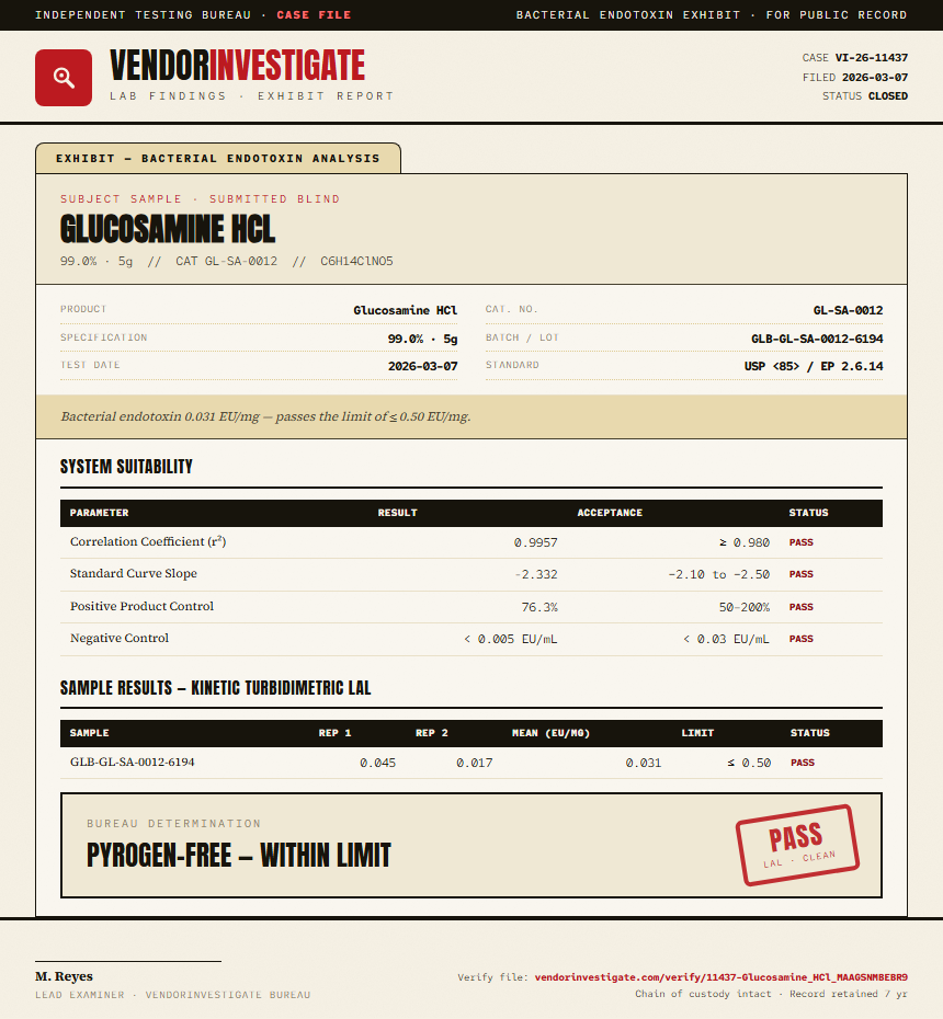 Glucosamine HCl Endotoxin report by VendorInvestigate