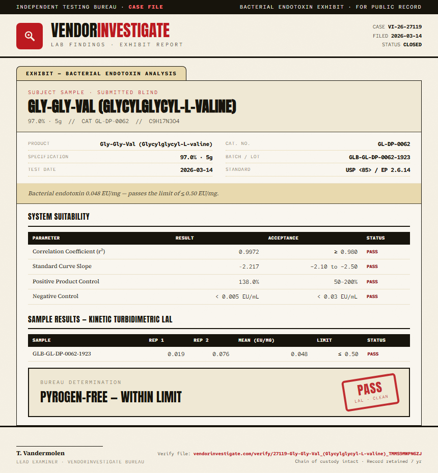 Gly-Gly-Val (Glycylglycyl-L-valine) Endotoxin report by VendorInvestigate