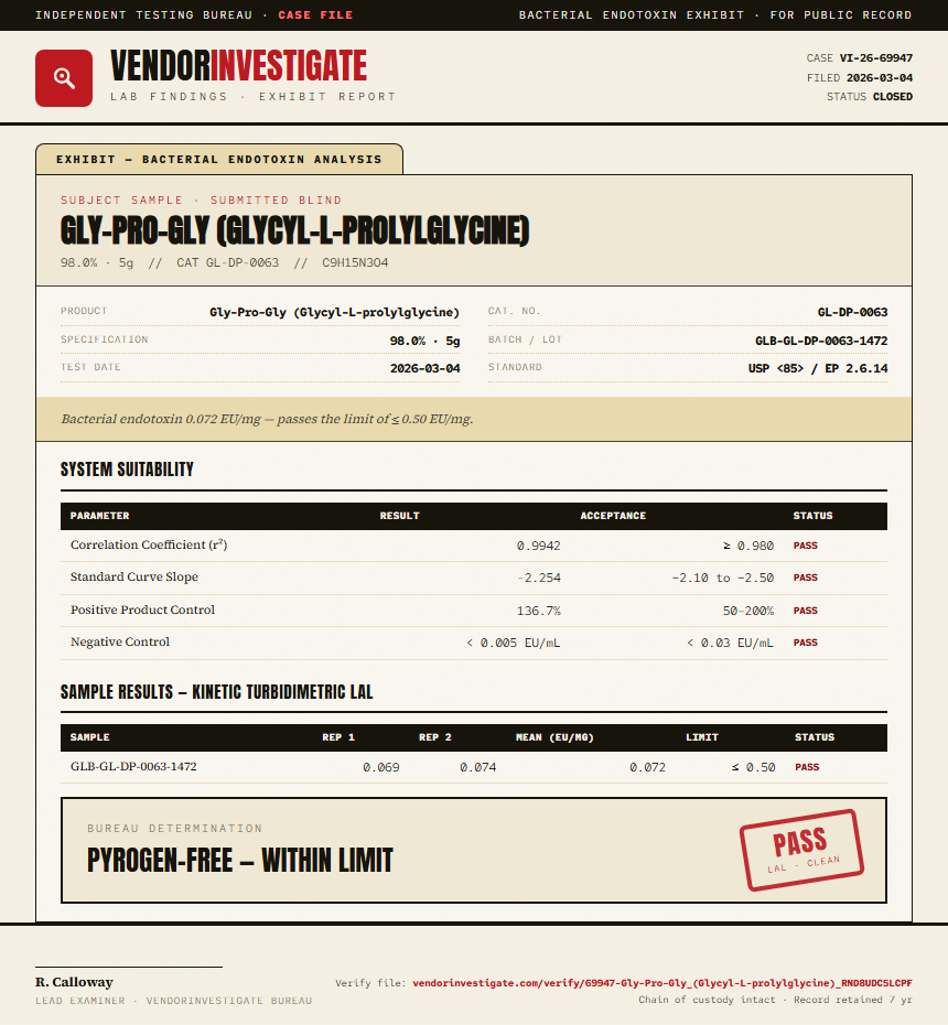 Gly-Pro-Gly (Glycyl-L-prolylglycine) Endotoxin report by VendorInvestigate