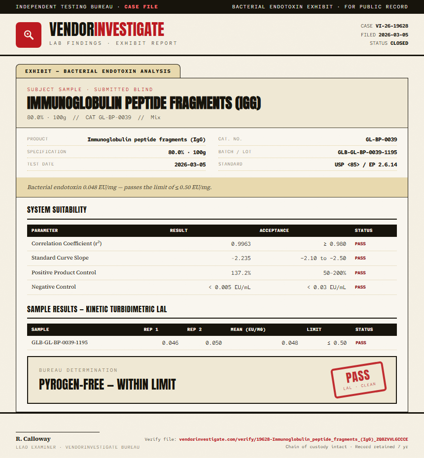 Immunoglobulin peptide fragments (IgG) Endotoxin report by VendorInvestigate