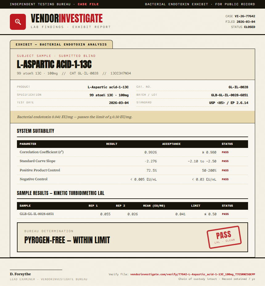 L-Aspartic acid-1-13C Endotoxin report by VendorInvestigate