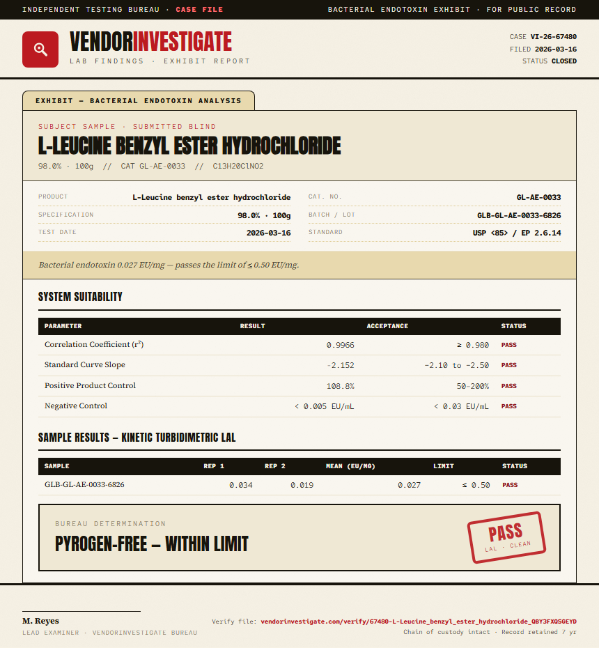 L-Leucine benzyl ester hydrochloride Endotoxin report by VendorInvestigate