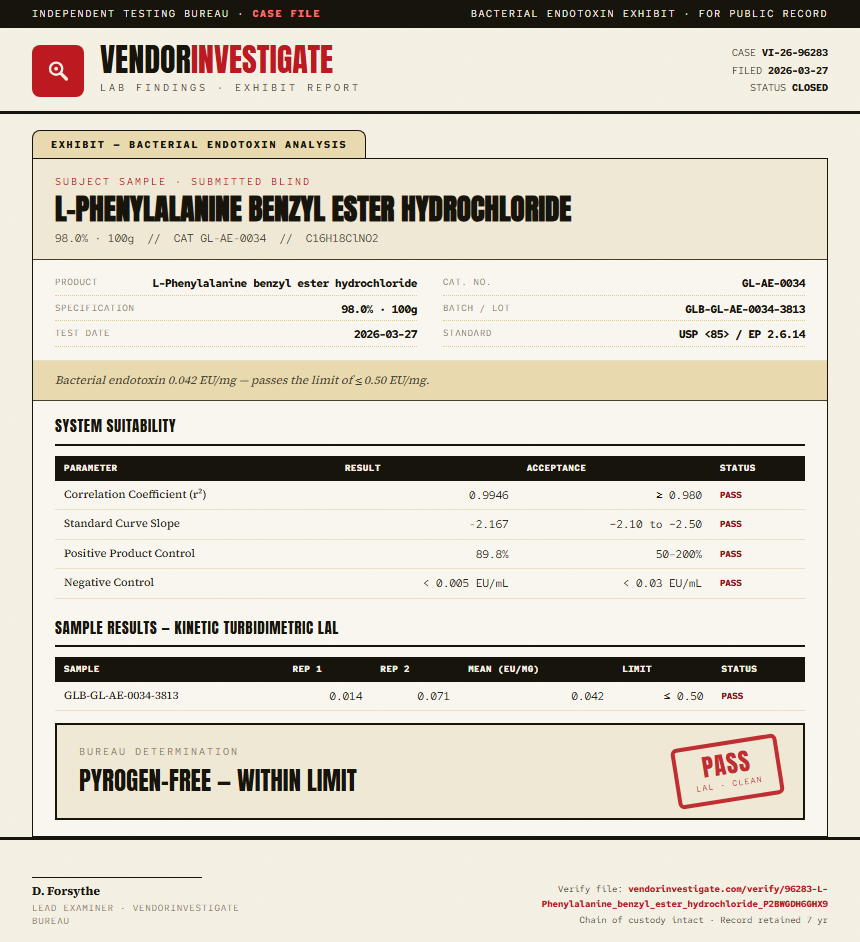 L-Phenylalanine benzyl ester hydrochloride Endotoxin report by VendorInvestigate
