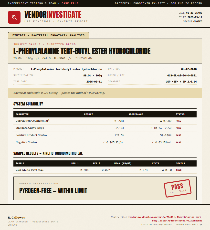 L-Phenylalanine tert-butyl ester hydrochloride Endotoxin report by VendorInvestigate