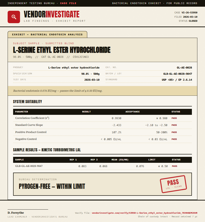 L-Serine ethyl ester hydrochloride Endotoxin report by VendorInvestigate