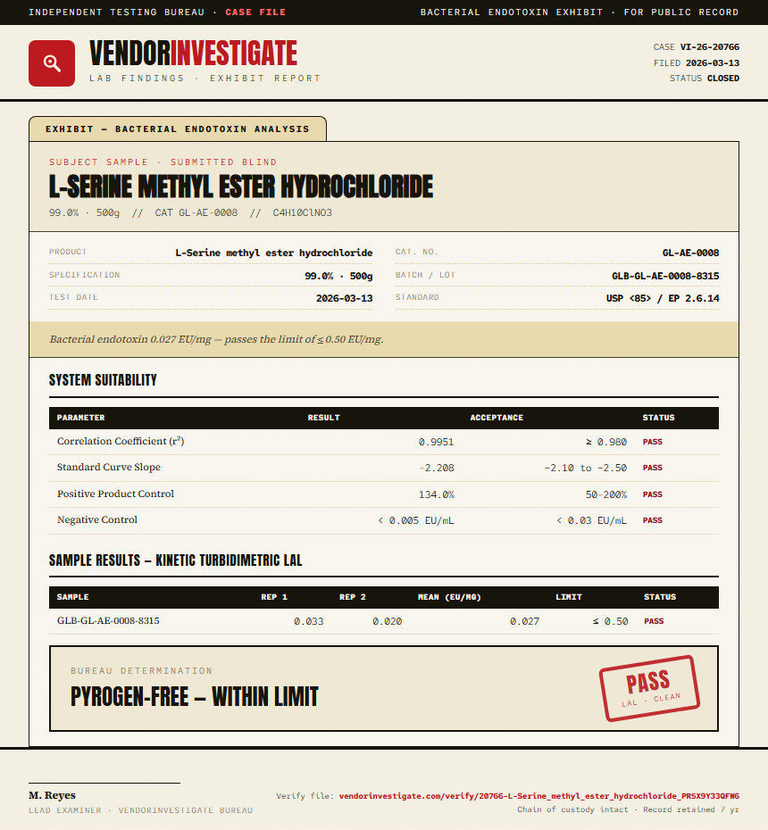 L-Serine methyl ester hydrochloride Endotoxin report by VendorInvestigate