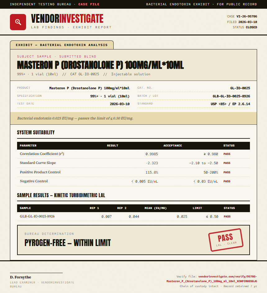 Masteron P (Drostanolone P) 100mg/ml*10ml Endotoxin report by VendorInvestigate