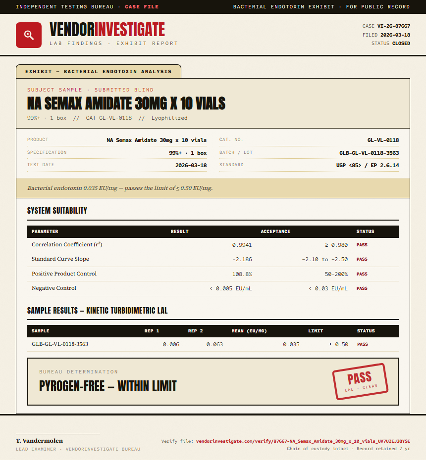 NA Semax Amidate 30mg x 10 vials Endotoxin report by VendorInvestigate