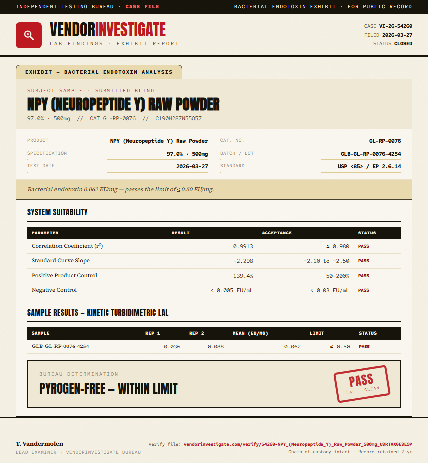 NPY (Neuropeptide Y) Raw Powder Endotoxin report by VendorInvestigate