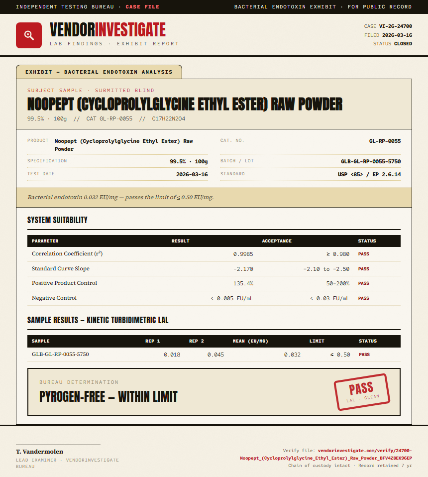 Noopept (Cycloprolylglycine Ethyl Ester) Raw Powder Endotoxin report by VendorInvestigate