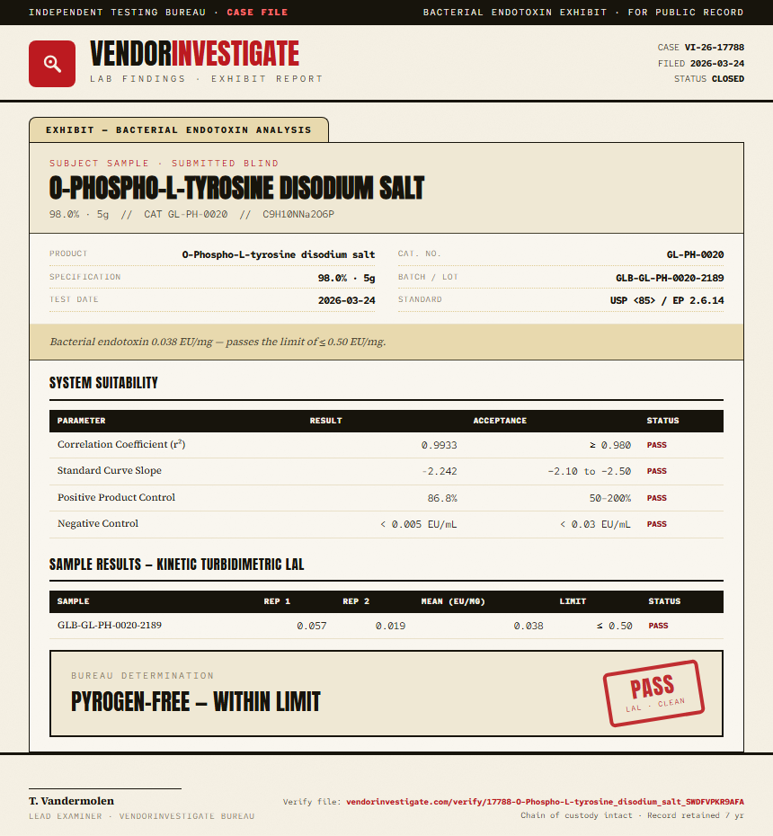 O-Phospho-L-tyrosine disodium salt Endotoxin report by VendorInvestigate