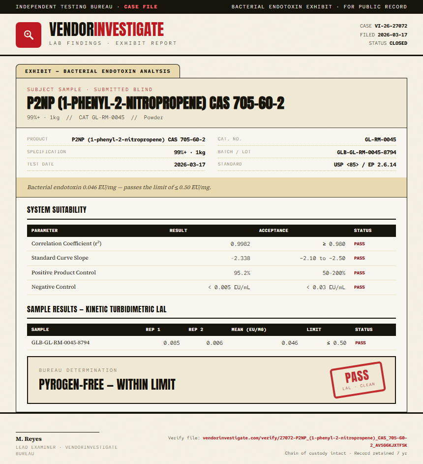 P2NP (1-phenyl-2-nitropropene) CAS 705-60-2 Endotoxin report by VendorInvestigate