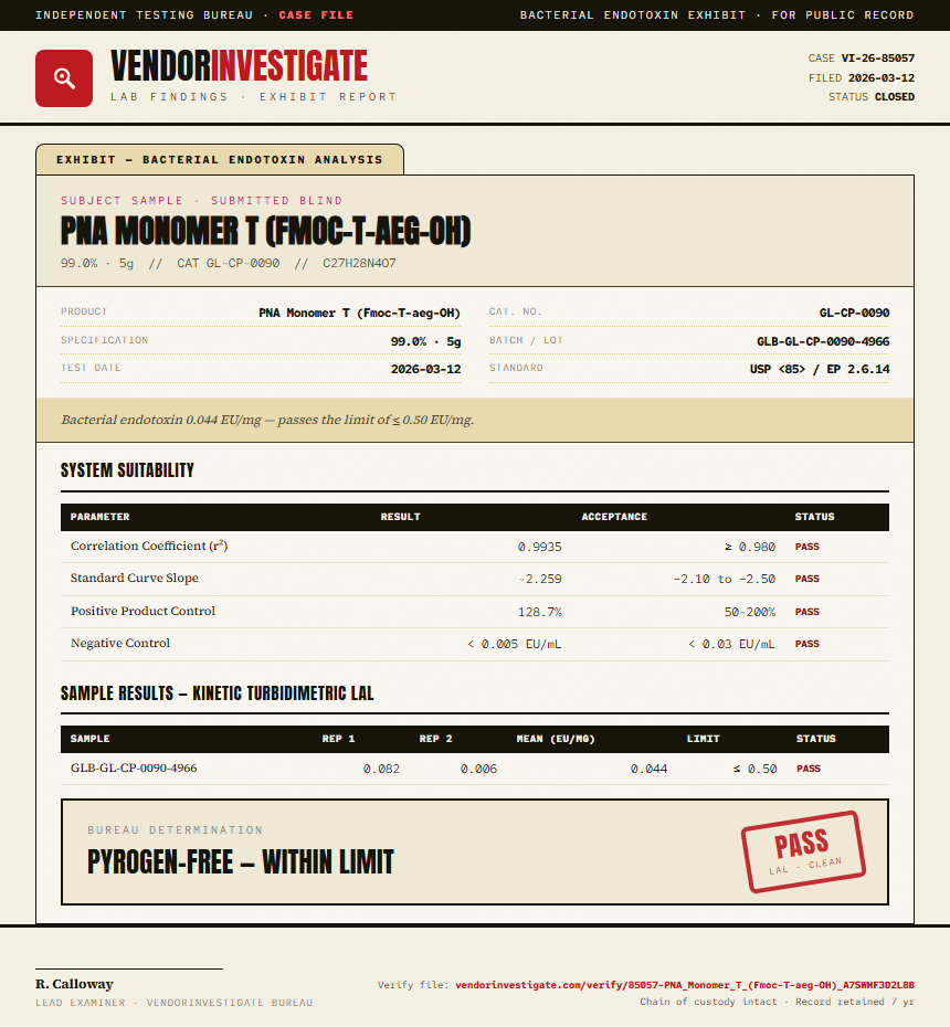 PNA Monomer T (Fmoc-T-aeg-OH) Endotoxin report by VendorInvestigate