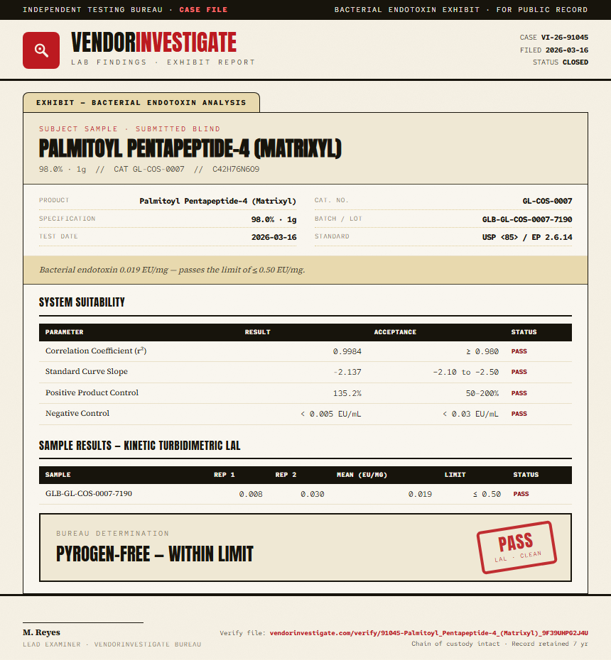 Palmitoyl Pentapeptide-4 (Matrixyl) Endotoxin report by VendorInvestigate