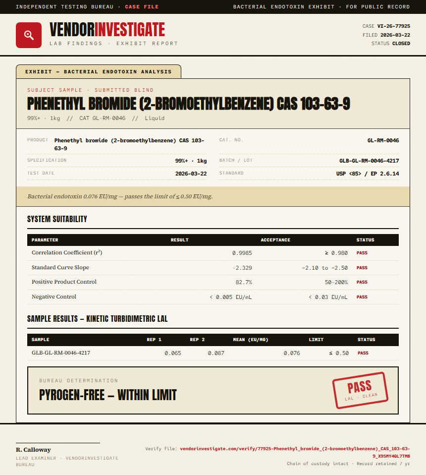 Phenethyl bromide (2-bromoethylbenzene) CAS 103-63-9 Endotoxin report by VendorInvestigate