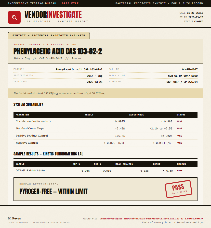 Phenylacetic acid CAS 103-82-2 Endotoxin report by VendorInvestigate