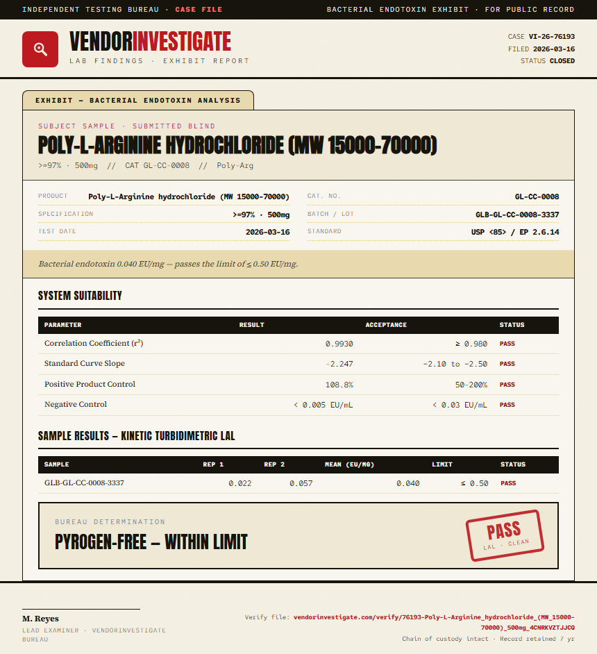 Poly-L-Arginine hydrochloride (MW 15000-70000) Endotoxin report by VendorInvestigate