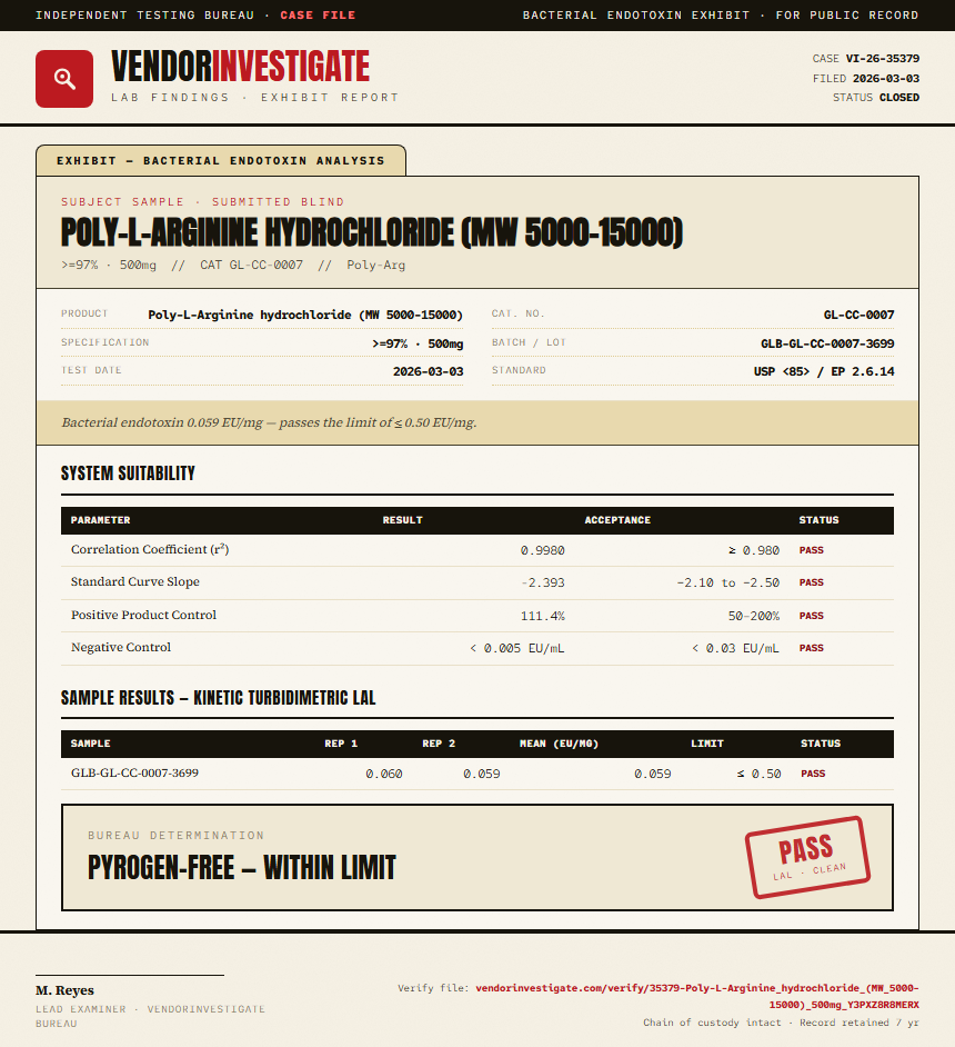 Poly-L-Arginine hydrochloride (MW 5000-15000) Endotoxin report by VendorInvestigate