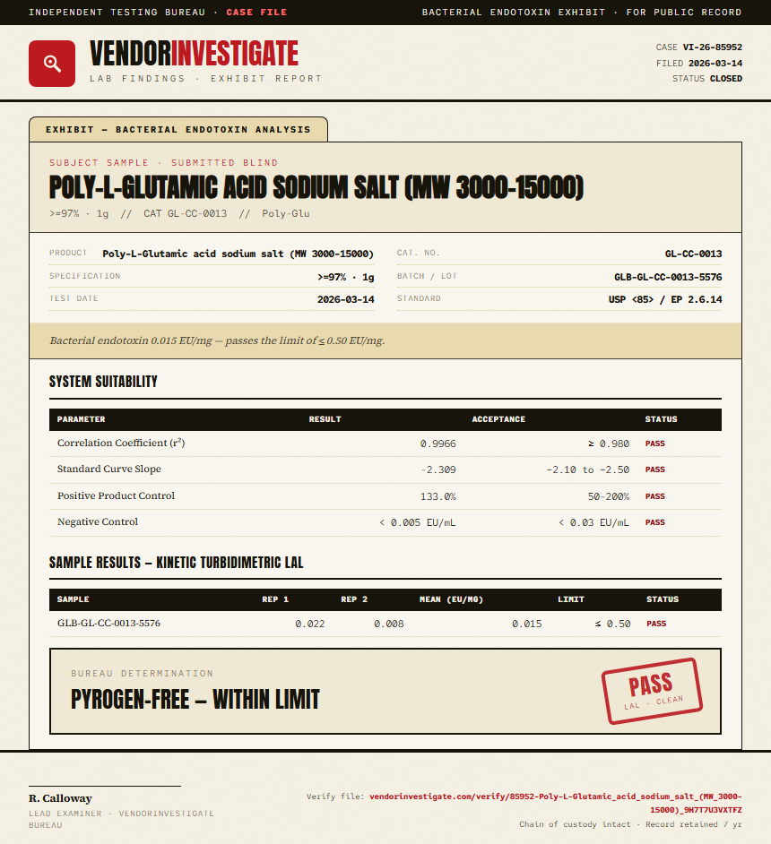 Poly-L-Glutamic acid sodium salt (MW 3000-15000) Endotoxin report by VendorInvestigate
