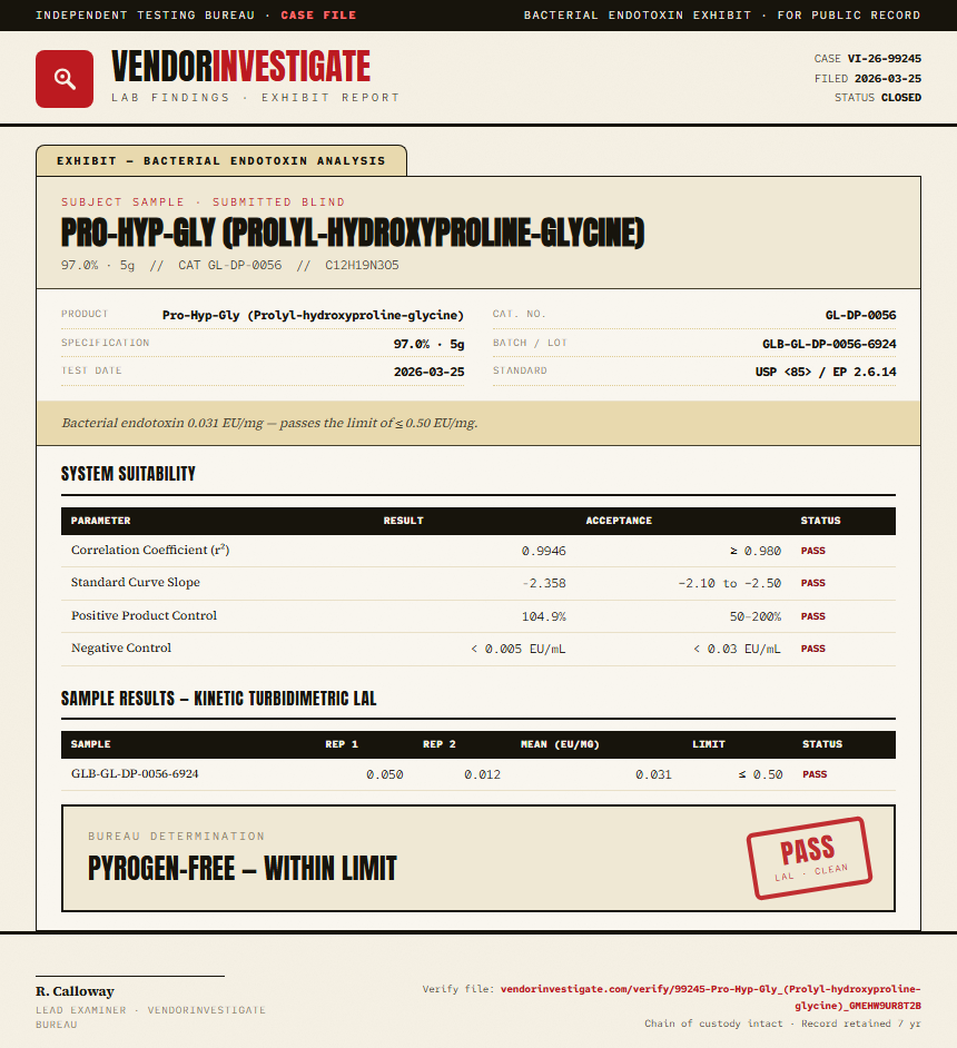 Pro-Hyp-Gly (Prolyl-hydroxyproline-glycine) Endotoxin report by VendorInvestigate