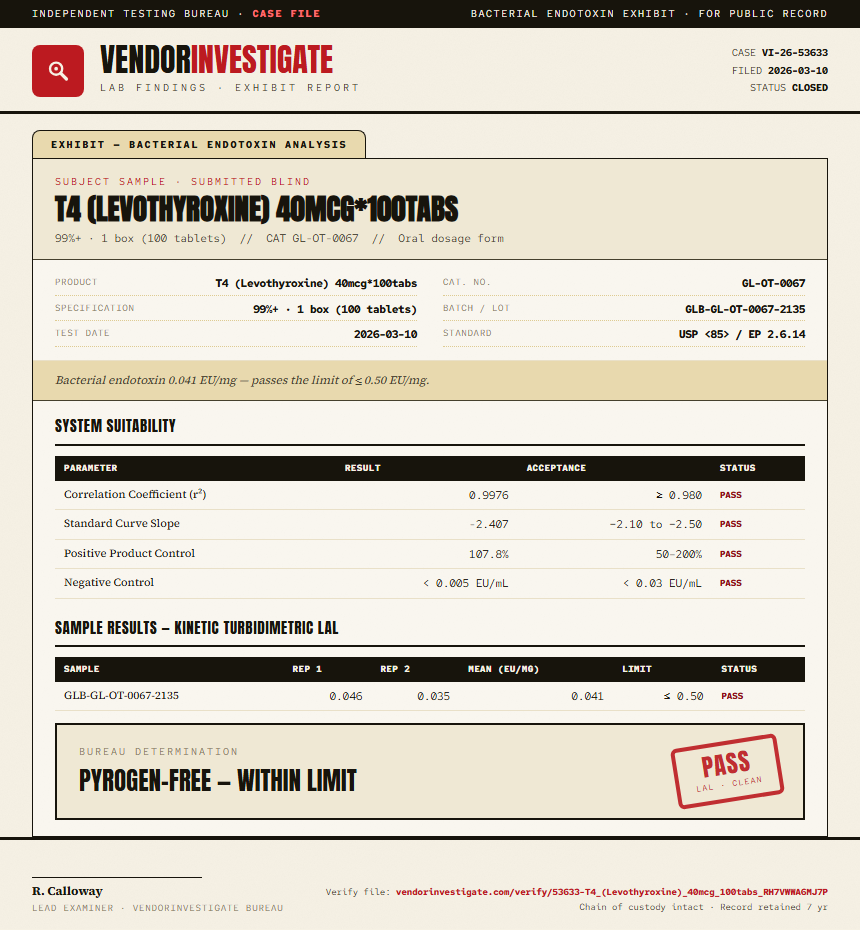 T4 (Levothyroxine) 40mcg*100tabs Endotoxin report by VendorInvestigate