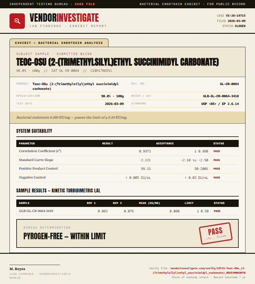 Teoc-OSu (2-(Trimethylsilyl)ethyl succinimidyl carbonate) Endotoxin report by VendorInvestigate