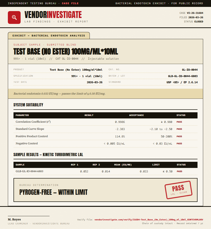 Test Base (No Ester) 100mg/ml*10ml Endotoxin report by VendorInvestigate