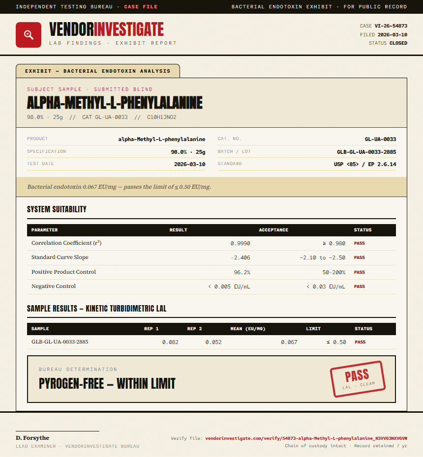 alpha-Methyl-L-phenylalanine Endotoxin report by VendorInvestigate