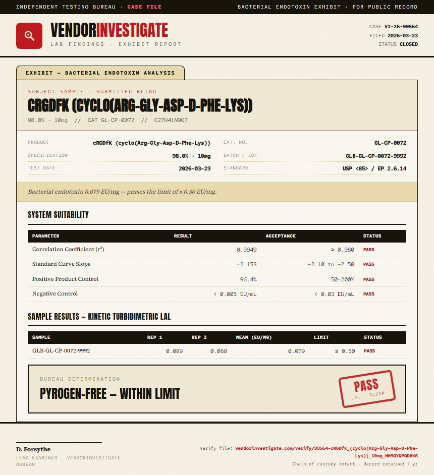 cRGDfK (cyclo(Arg-Gly-Asp-D-Phe-Lys)) Endotoxin report by VendorInvestigate