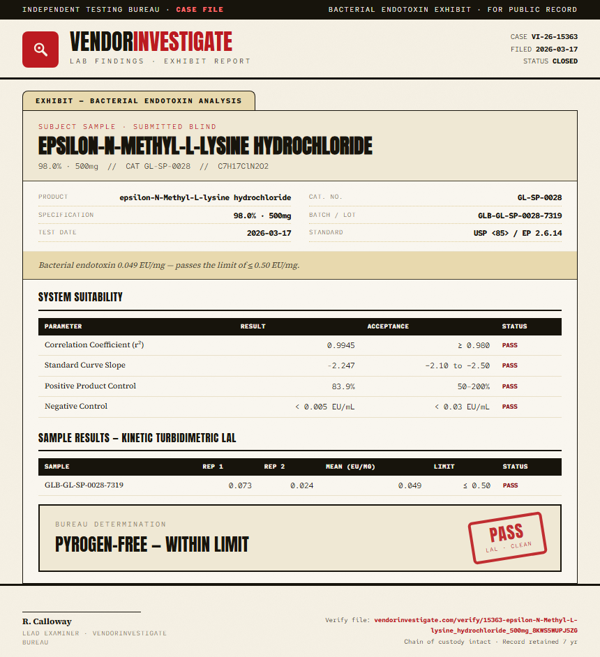 epsilon-N-Methyl-L-lysine hydrochloride Endotoxin report by VendorInvestigate