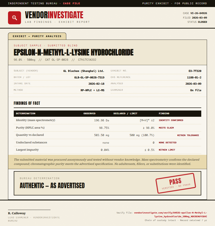 epsilon-N-Methyl-L-lysine hydrochloride Purity (HPLC) report by VendorInvestigate