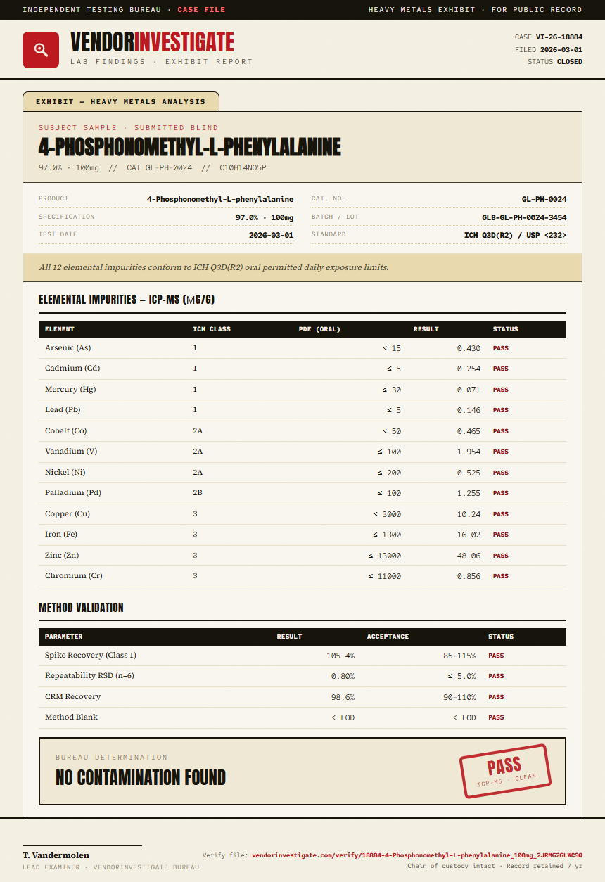 4-Phosphonomethyl-L-phenylalanine Heavy Metals report by VendorInvestigate