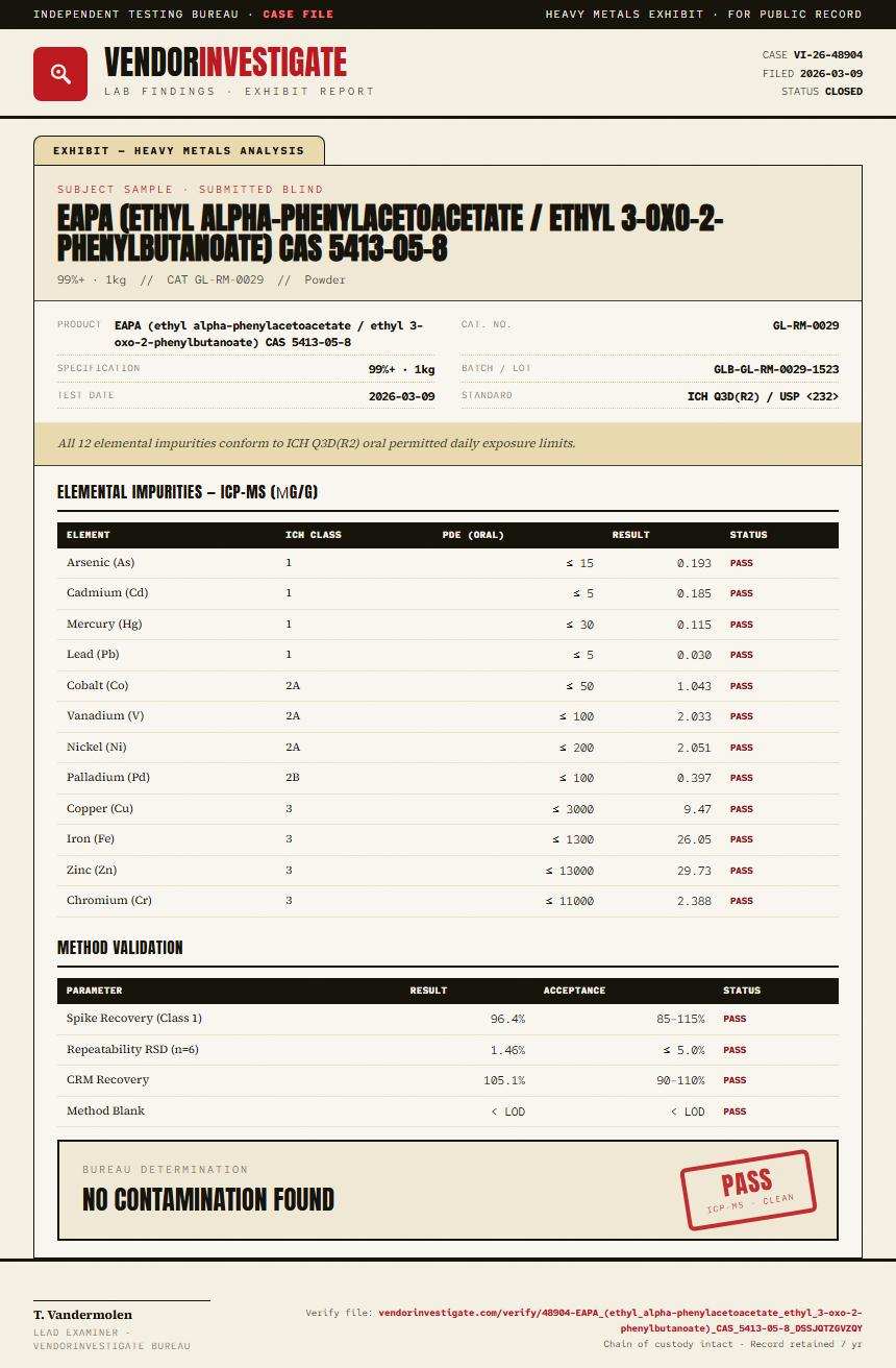 EAPA (ethyl alpha-phenylacetoacetate / ethyl 3-oxo-2-phenylbutanoate) CAS 5413-05-8 Heavy Metals report by VendorInvestigate