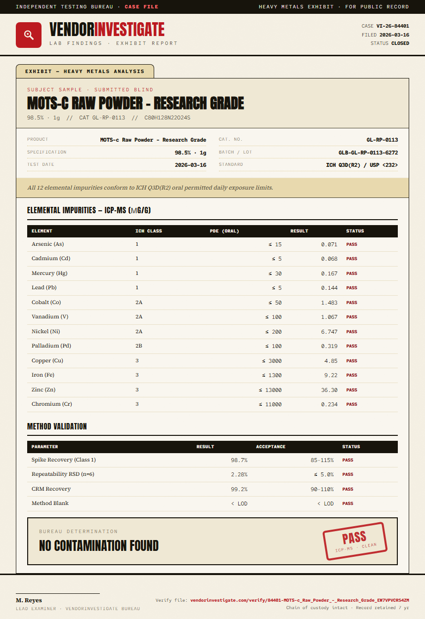 MOTS-c Raw Powder - Research Grade Heavy Metals report by VendorInvestigate